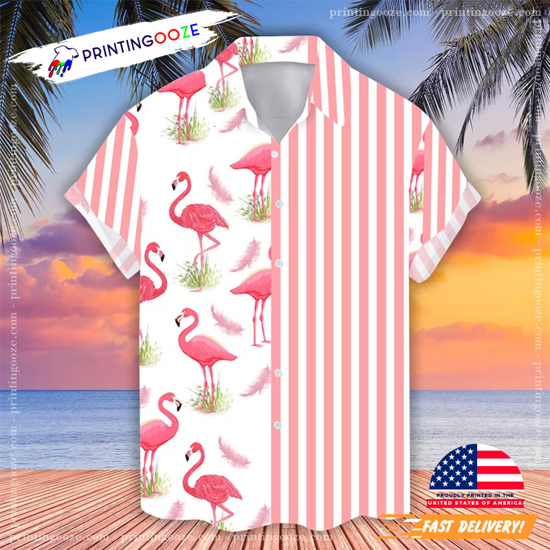 Flamingo Hawaiian Shirt, Pink Stripe Line Flamingo Beach Shirts