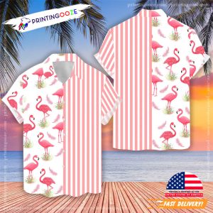 Flamingo Hawaiian Shirt Pink Stripe Line Flamingo Beach Shirts 3 Printing Ooze