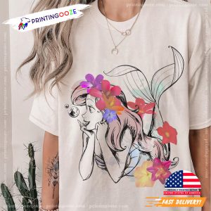 Disney The Little Mermaid Ariel Floral Watercolor Outline T Shirt 1 Printing Ooze