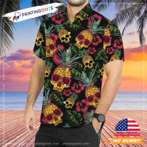 Pineapple Skull Black Hawaiian, Aloha Shirts Mens 2 Printing Ooze