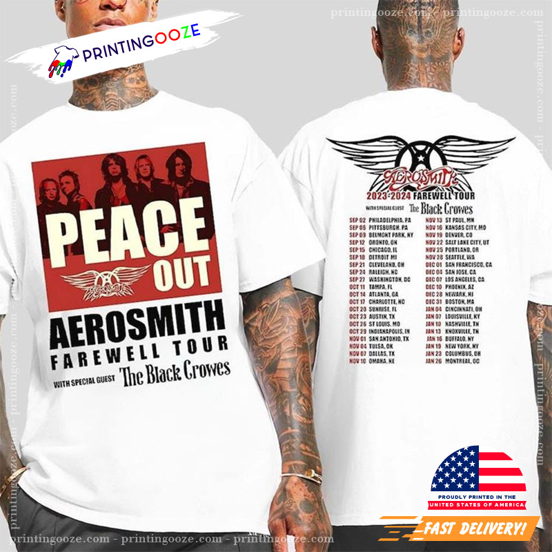 Aerosmith 2023 - 2024 Peace Out Farewell Tour with The Black Crowes Full  Color Band Photo Tour Shirt