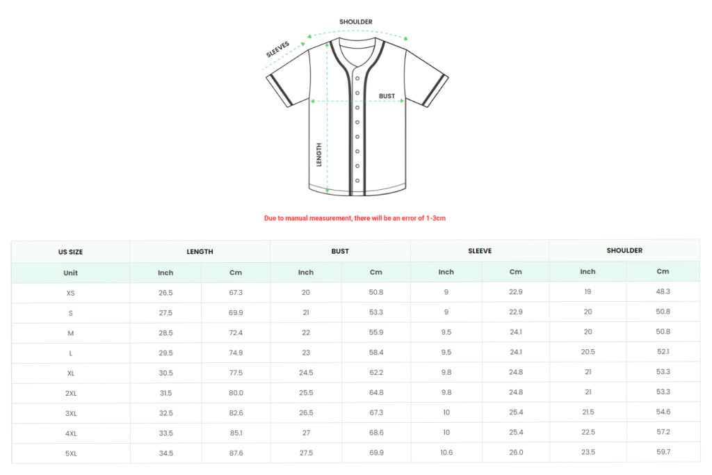 AOP Baseball Jersey Size Chart
