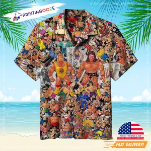 Wrestling Character Collage Hawaiian Shirt, Vintage Hawaii Beach Shirt