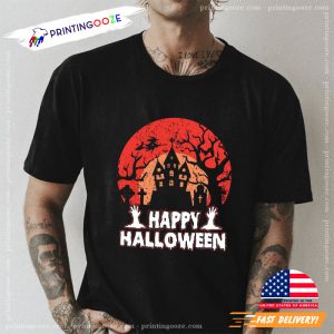 Red Moon Scary Castle Happy Halloween Shirt 1