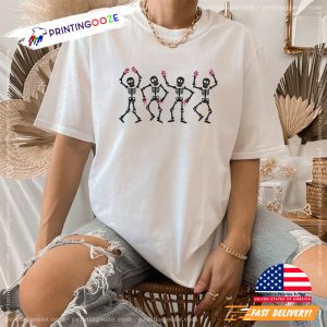 Embroidered Halloween Cancer Tee,Dancing Skeletons Ribbon Shirt