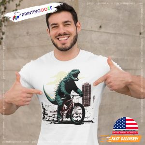 Funny Godzilla Rides A Bike Graphic Tee 3