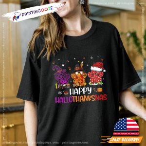Funny Paw Prints Happy HalloThanksMas Thanksgiving T Shirt 1