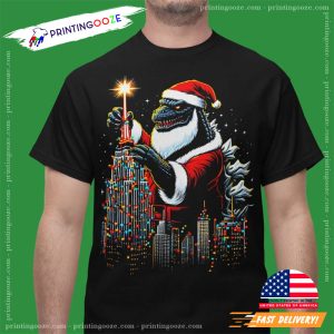 Hilarious Holiday Horror, Funny Santa Godzilla Shirt 3