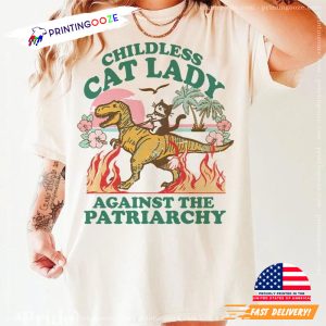 Childless cat lady against the patriarchy Funny Cat Ride A Dinosour T shirt 3