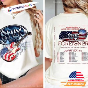 Styx and Foreigner Summer 2024 Tour Electric Guitar With America Flag 2 Sided Shirt 3