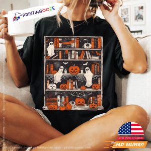 Halloween Ghost Bookcase Graphic Tee 1