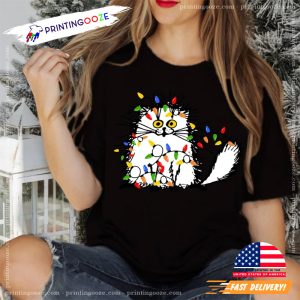 Christmas Funny Cat Lights Comfort Colors Tee 3