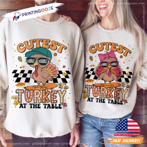 Cutest Turkey At The Table Thanksgiving Couple Matching Tee 2