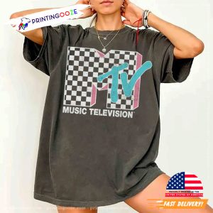 MTV Neon Distressed Checkered Logo Graphic Shirt 2