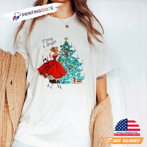 Vintage Christmas Girl Decorating Tree Graphic Tee 3