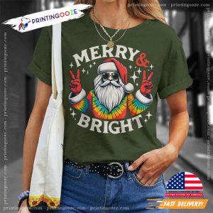 Vintage Retro Merry And Bright Hippie Santa Peace Christmas T Shirt