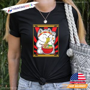 Kawaii Japanese Lucky Cat Eating Ramen Anime T Shirt 1