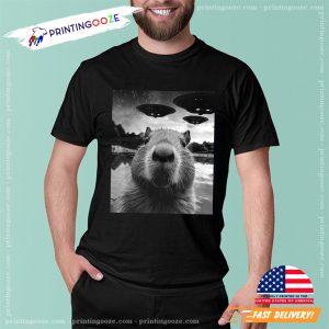 Funny Capybara Selfie With Ufos Weird groundhog day T-shirt