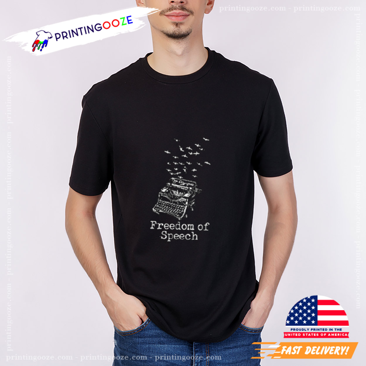 White Vintage Typewriter And Bird Flocks Shirt White Vintage Typewriter And Bird Flocks Shirt