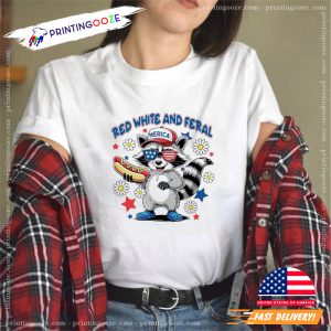 Red white and feral raccoon Happy Independence Day T shirt 1