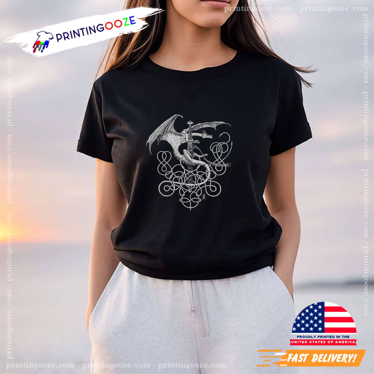 Celtic Norse Knots Silver Dragon Mens Graphic Tee Celtic Norse Knots Silver Dragon Mens Graphic Tee