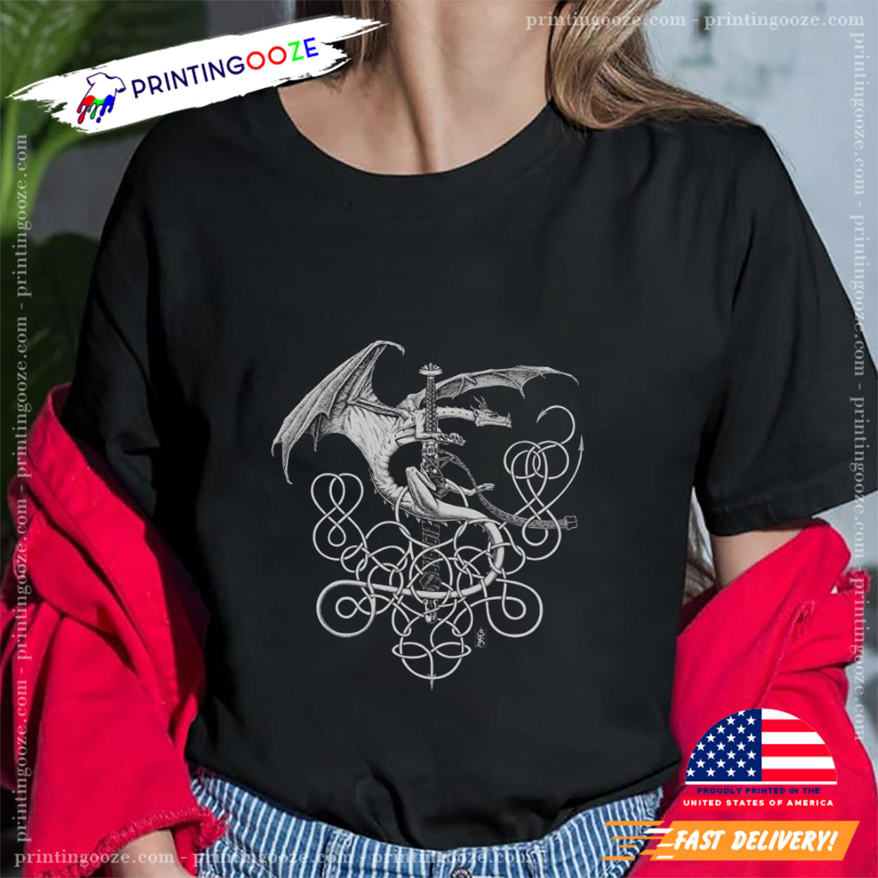Celtic Norse Knots Silver Dragon Mens Graphic Tee Celtic Norse Knots Silver Dragon Mens Graphic Tee
