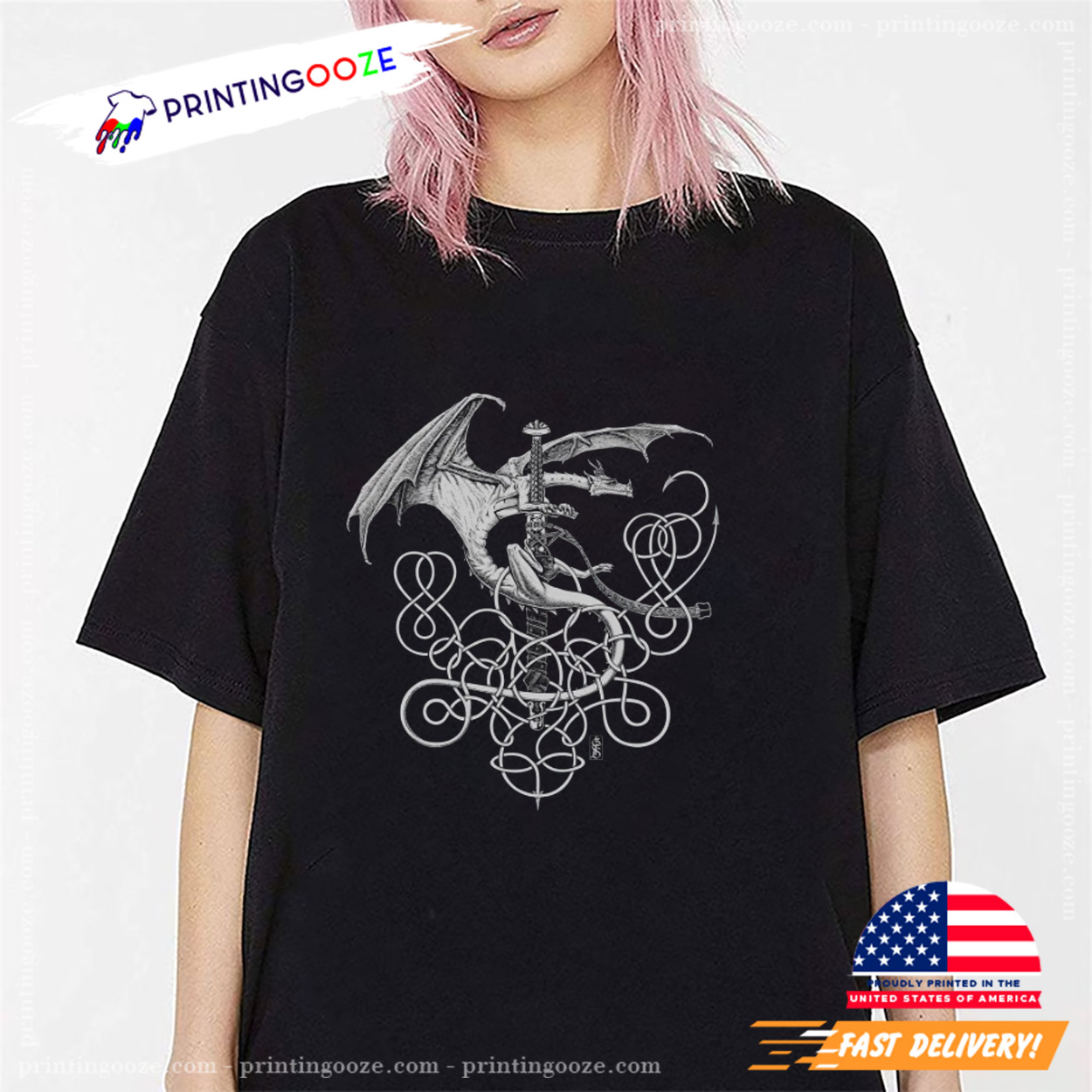 Celtic Norse Knots Silver Dragon Mens Graphic Tee Celtic Norse Knots Silver Dragon Mens Graphic Tee