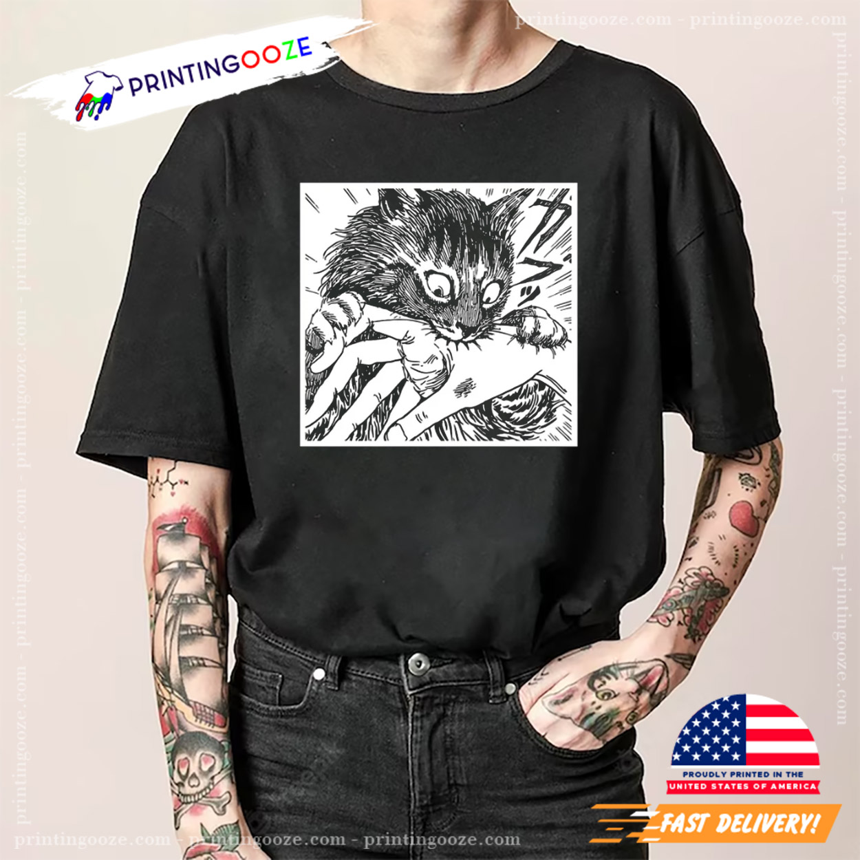 Creepy Cat Bite Horror Japanese Manga Graphic Tee Creepy Cat Bite Horror Japanese Manga Graphic Tee