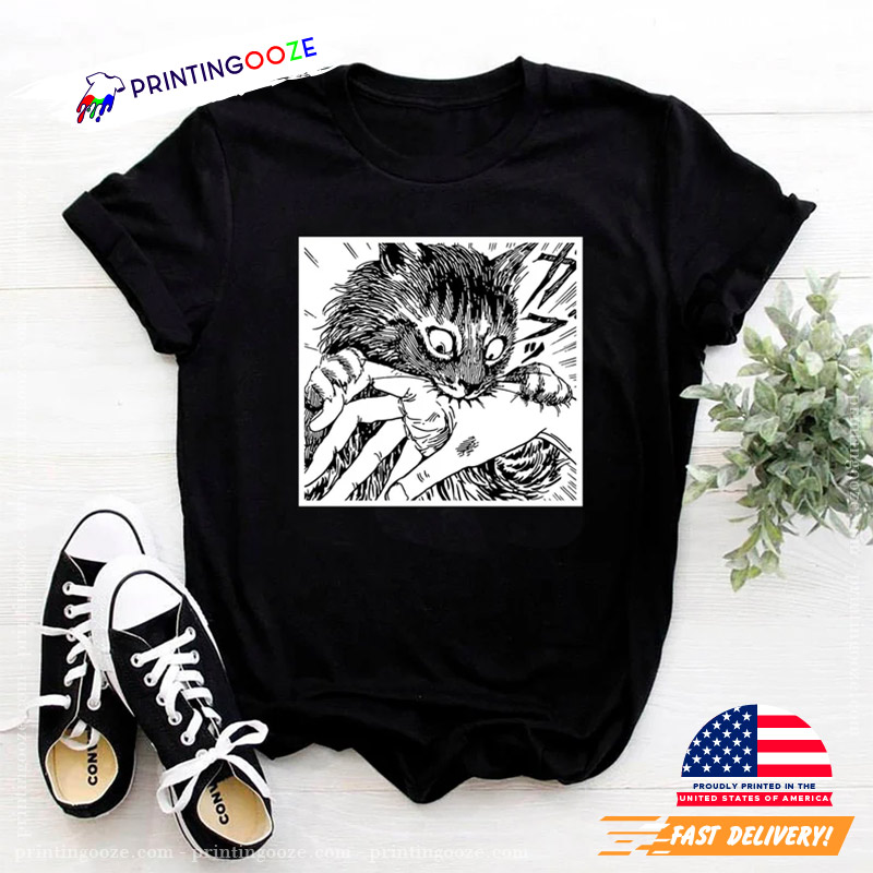 Creepy Cat Bite Horror Japanese Manga Graphic Tee Creepy Cat Bite Horror Japanese Manga Graphic Tee