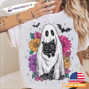 Ghost Cat Floral Spooky Season Halloween T-shirt 1