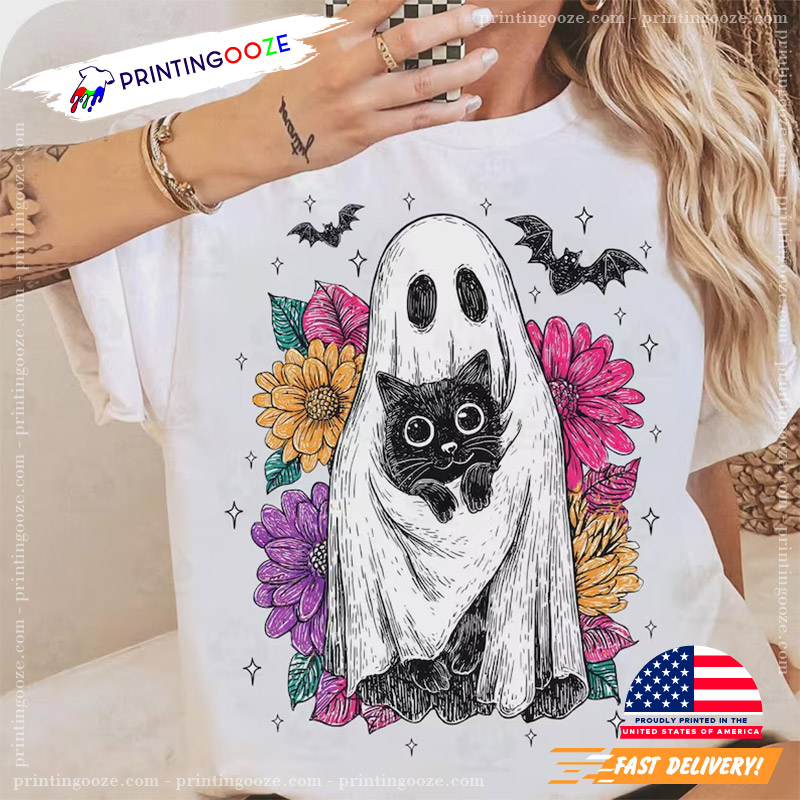 Ghost Cat Floral Spooky Season Halloween T-shirt Ghost Cat Floral Spooky Season Halloween T-shirt