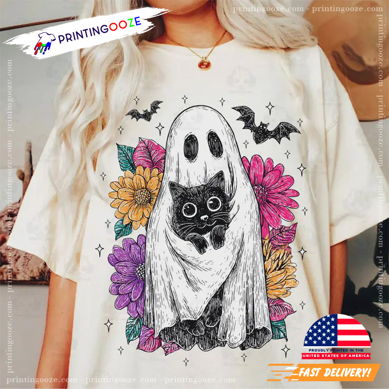 Ghost Cat Floral Spooky Season Halloween T-shirt Ghost Cat Floral Spooky Season Halloween T-shirt