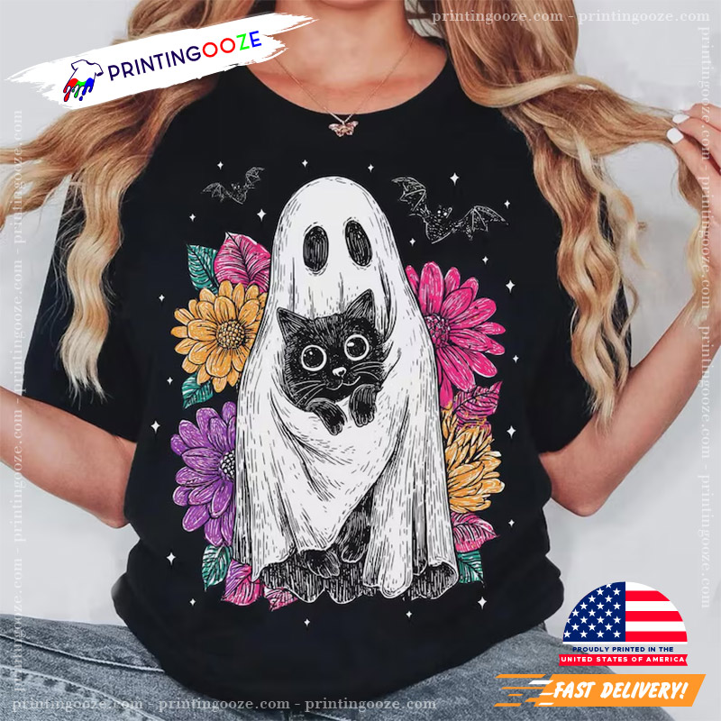 Ghost Cat Floral Spooky Season Halloween T-shirt Ghost Cat Floral Spooky Season Halloween T-shirt