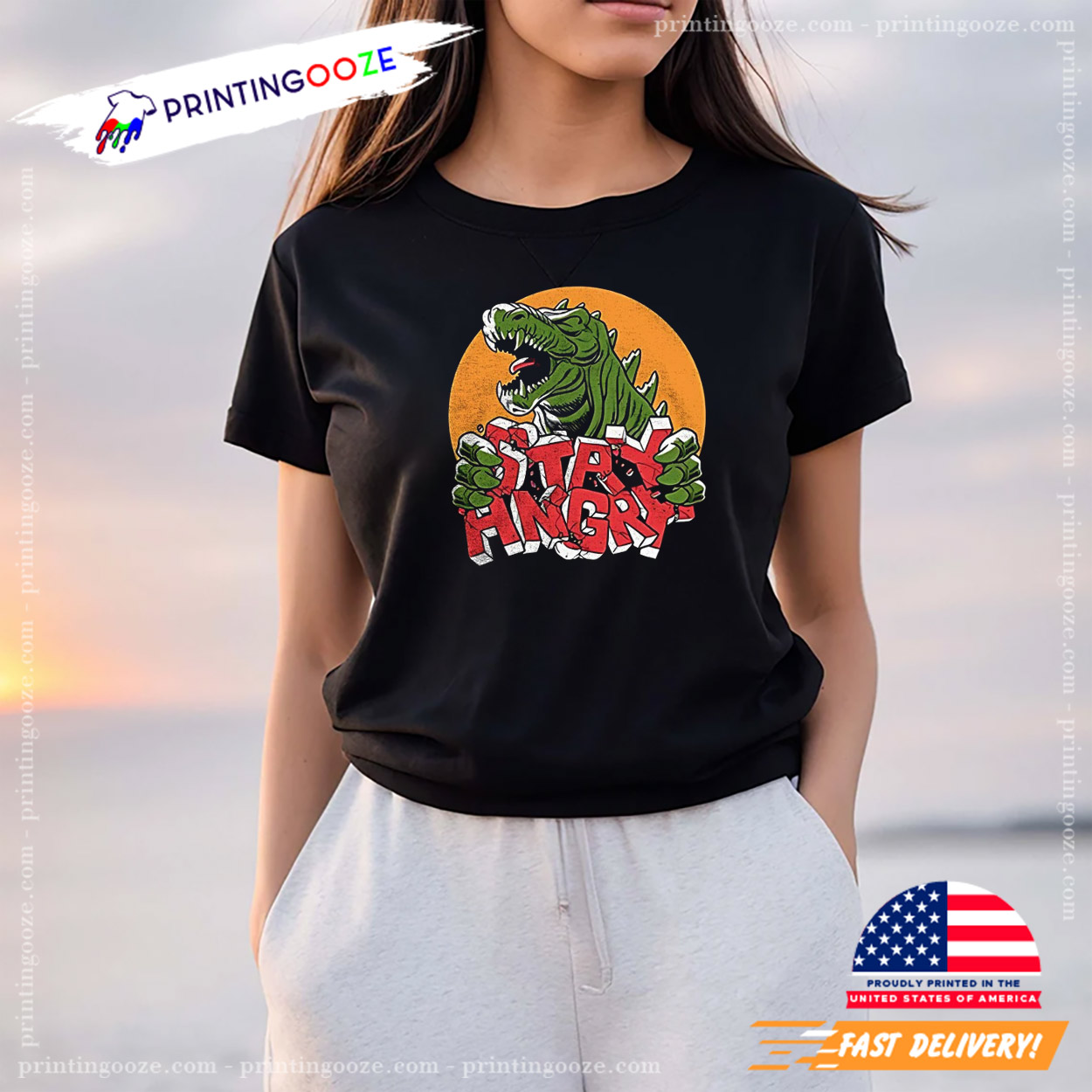 Godzilla Stay Angry Retro Style Graphic Tee Godzilla Stay Angry Retro Style Graphic Tee