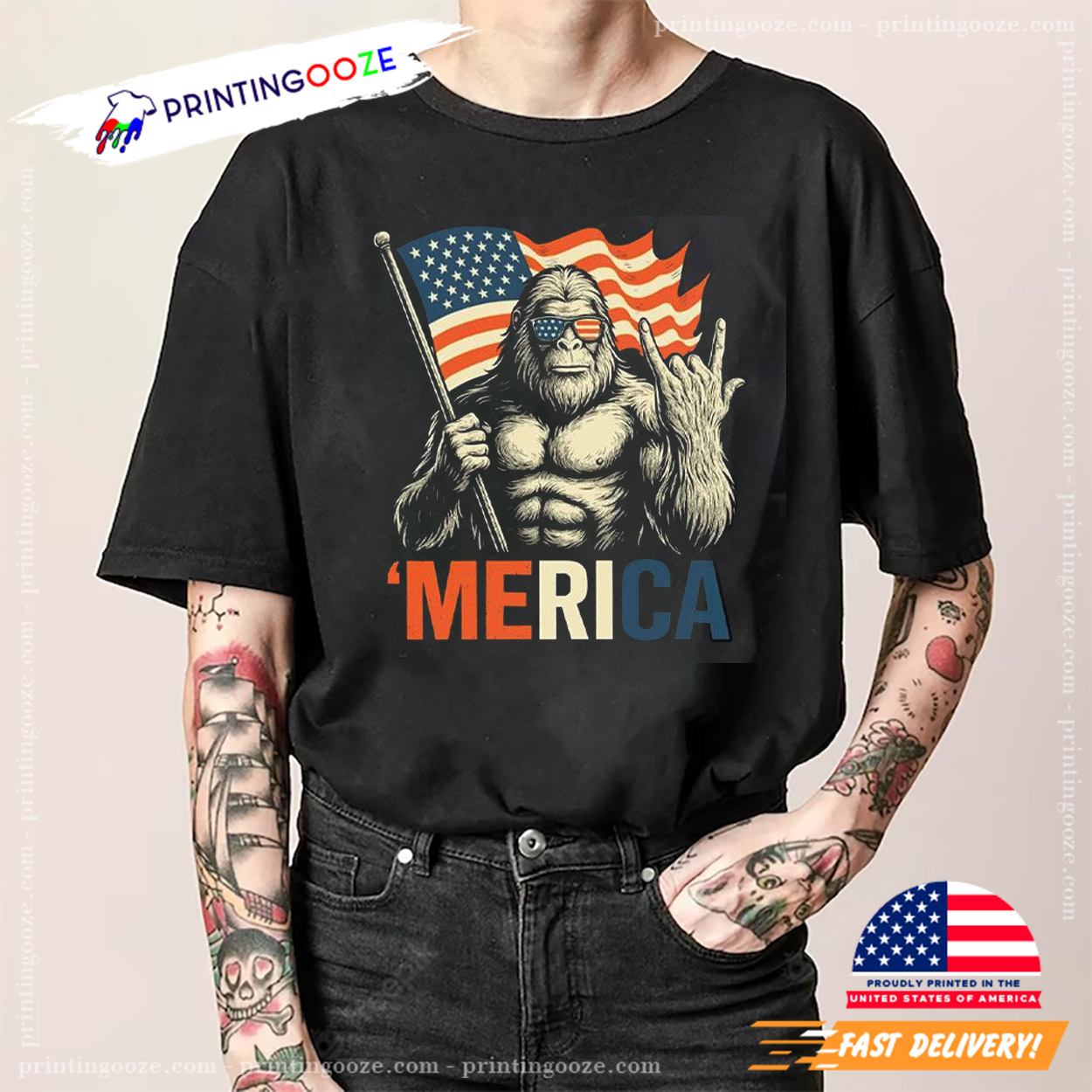 Merica 4th Of July Bigfoot Rock Star Hansign Shirt Merica 4th Of July Bigfoot Rock Star Hansign Shirt