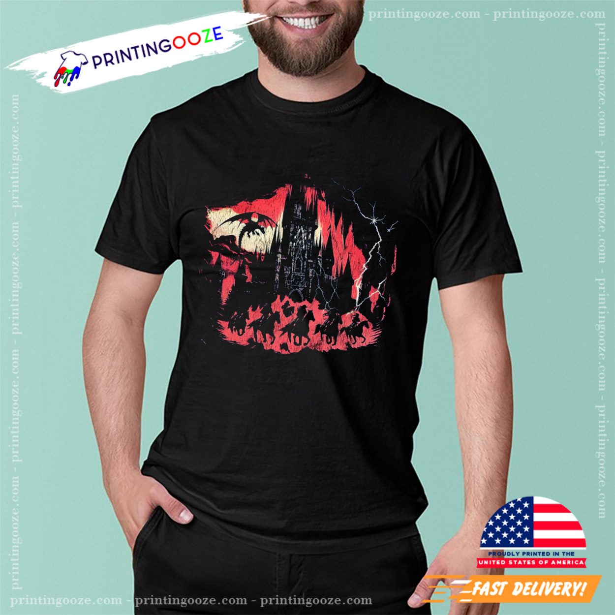 Vintage Dragon Dark Castle Graphic T-Shirt Vintage Dragon Dark Castle Graphic T-Shirt