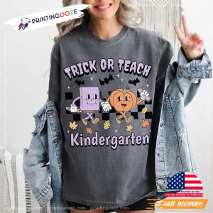 Trick or Teach Kindergarten Happy Halloween Comfort Colors Tee 1